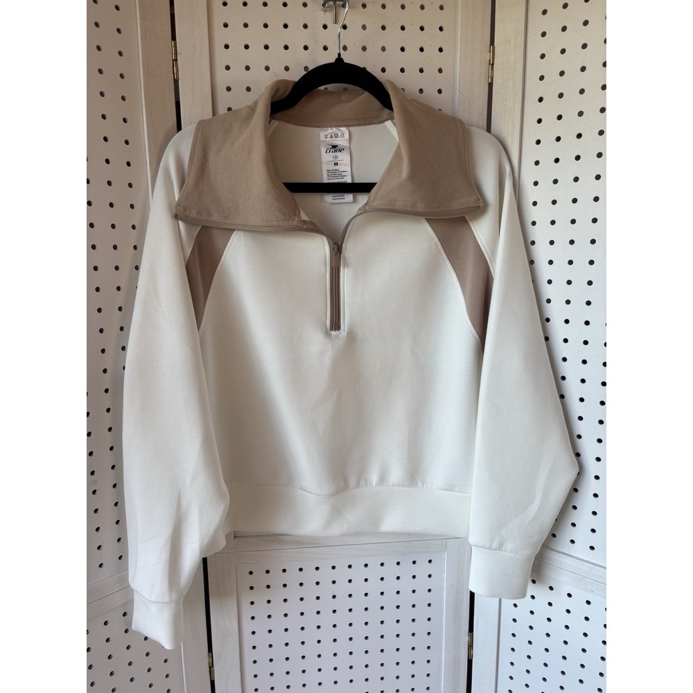 Paper Crane Modal Blend 1/4 Zip Colorblock Sweatshirt Ivory Brown Women's M Crop
